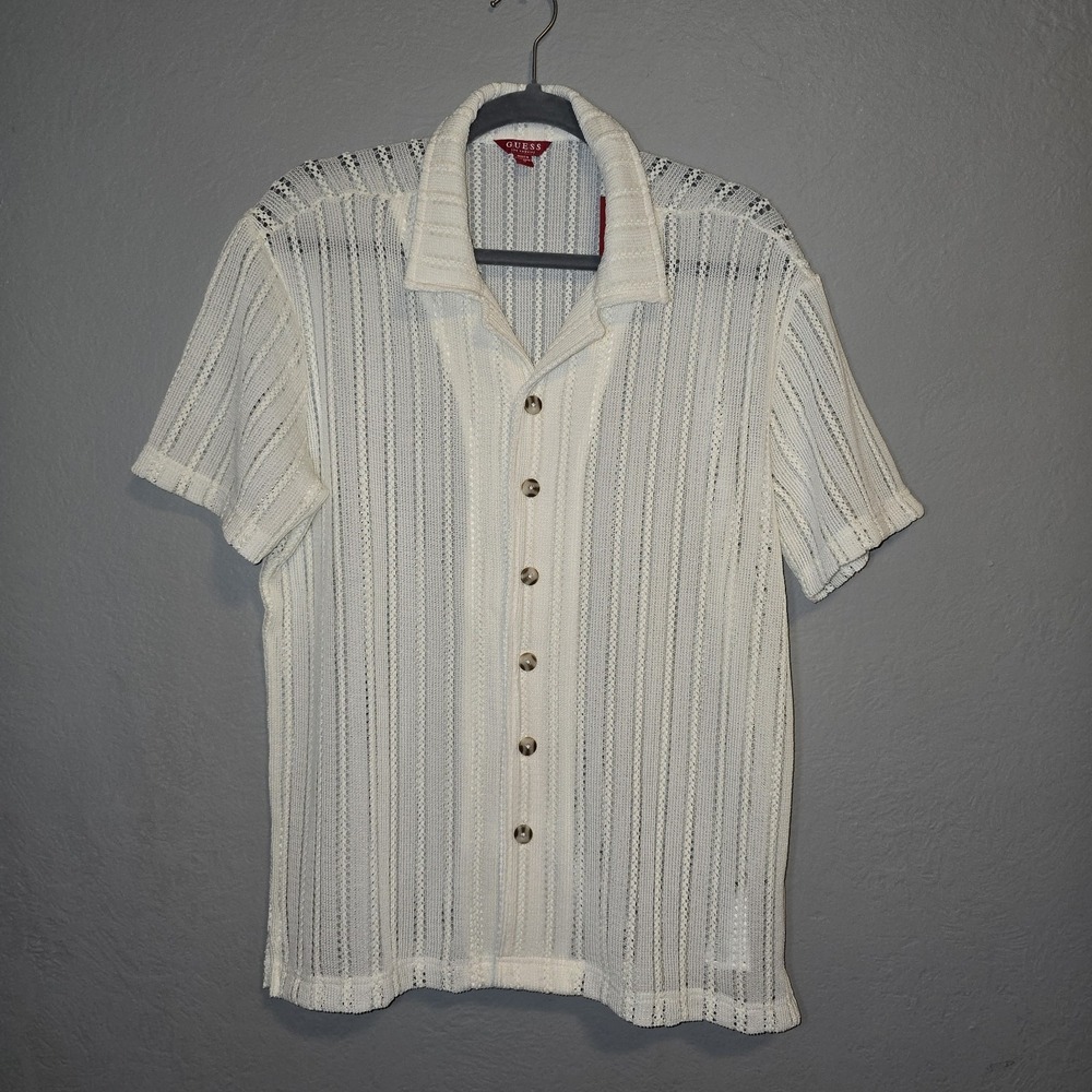 NWT GUESS Mens Panama Knit Short Sleeve Button Up Cream Shirt Summer Beach Sz S